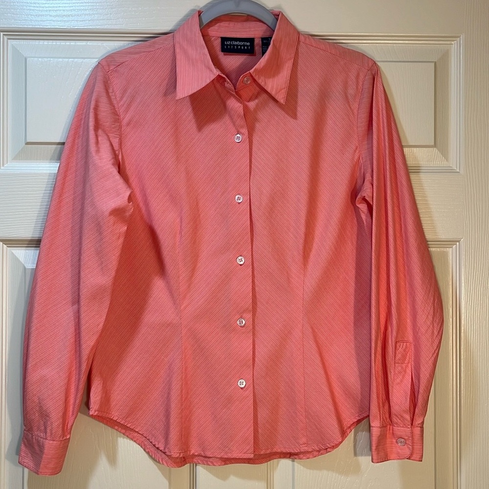 Liz Claiborne 100% Cotton Long Sleeve Button Down Pretty Coral/ White Perfect
